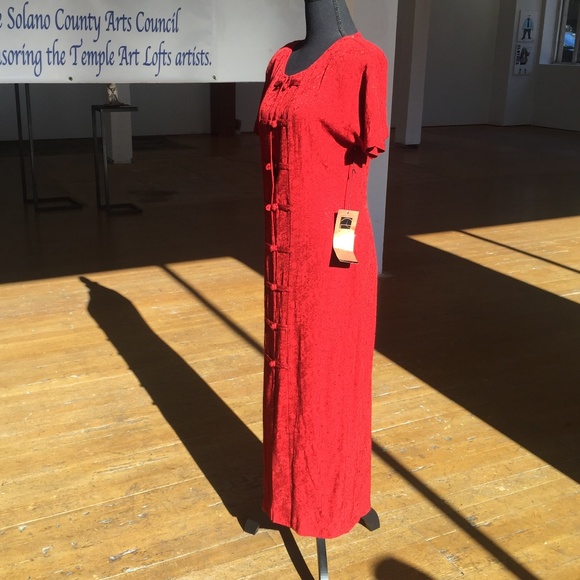 Carole Little long/maxi red Asian style short sleeve button front dress - Picture 5 of 8